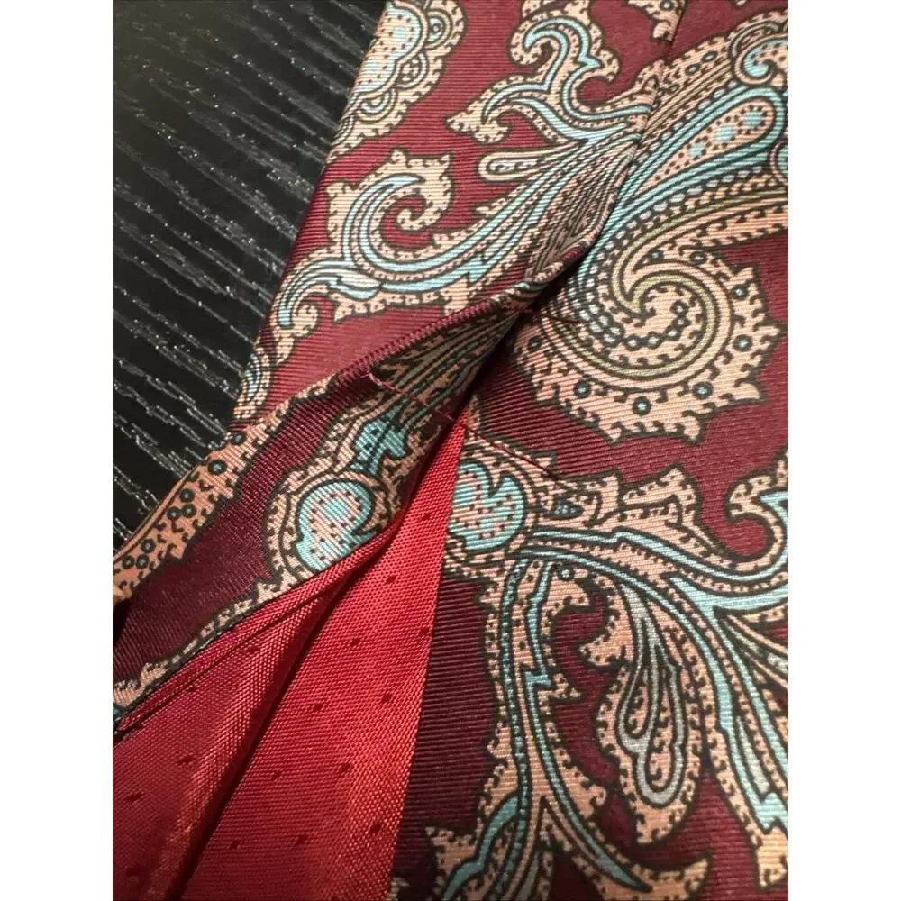 CUSTOM MADE IN ITALY 100% SILK TIE MAROON, TEAL, AND GOLD